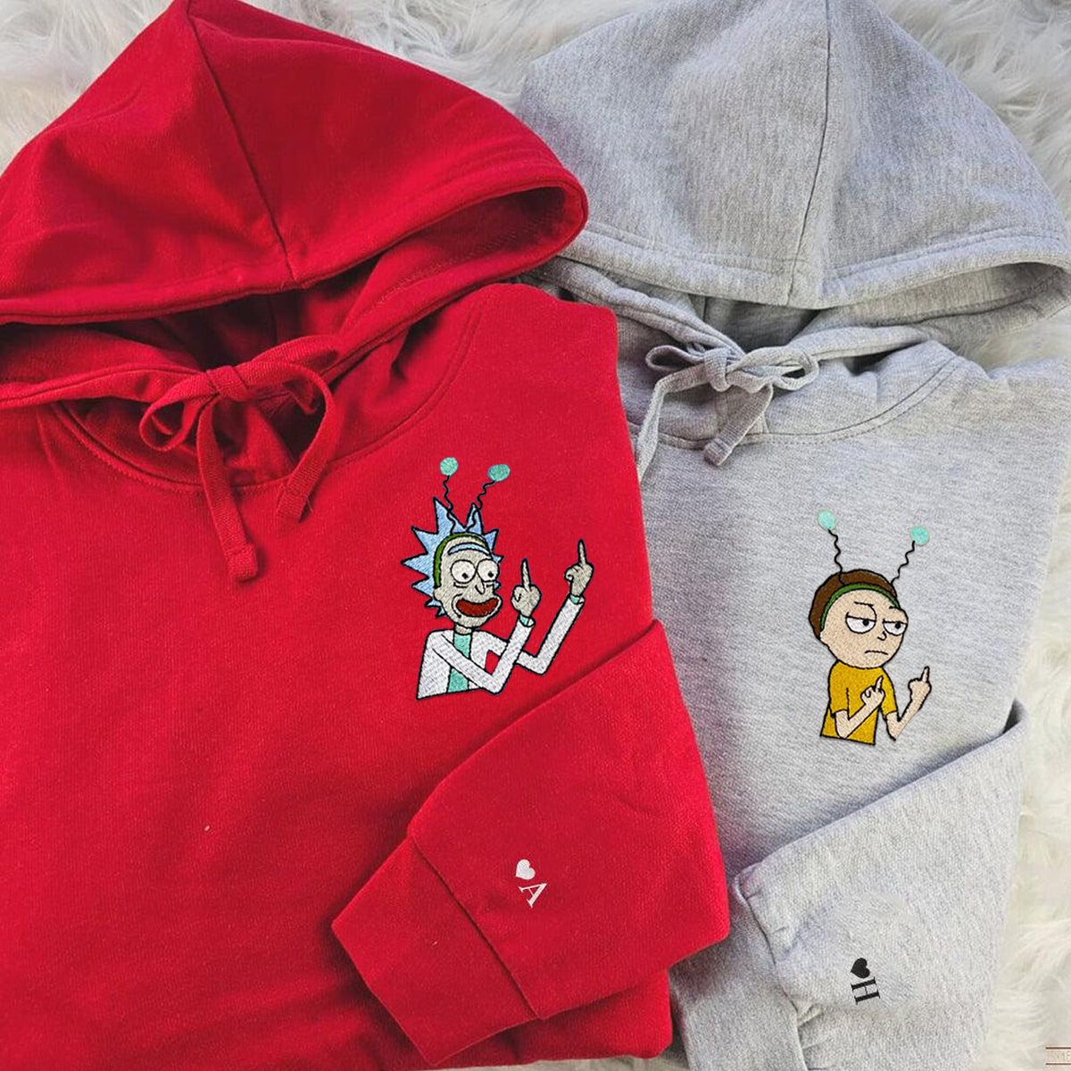 Custom Embroidered Hoodies & Sweatshirts for Couples with Initials, Bold Sci-Fi Cartoon Duo Set