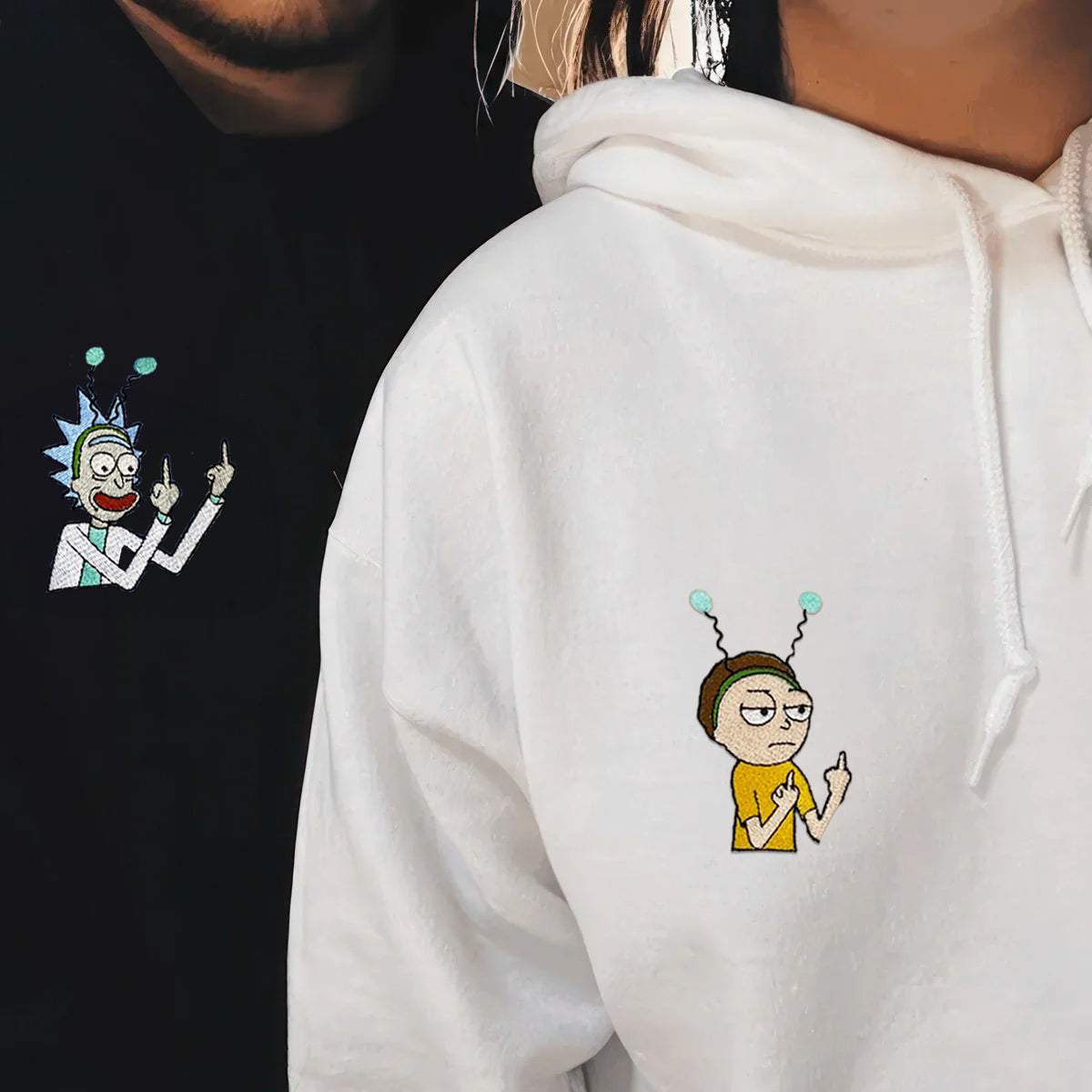 Custom Embroidered Hoodies & Sweatshirts for Couples with Initials, Bold Sci-Fi Cartoon Duo Set