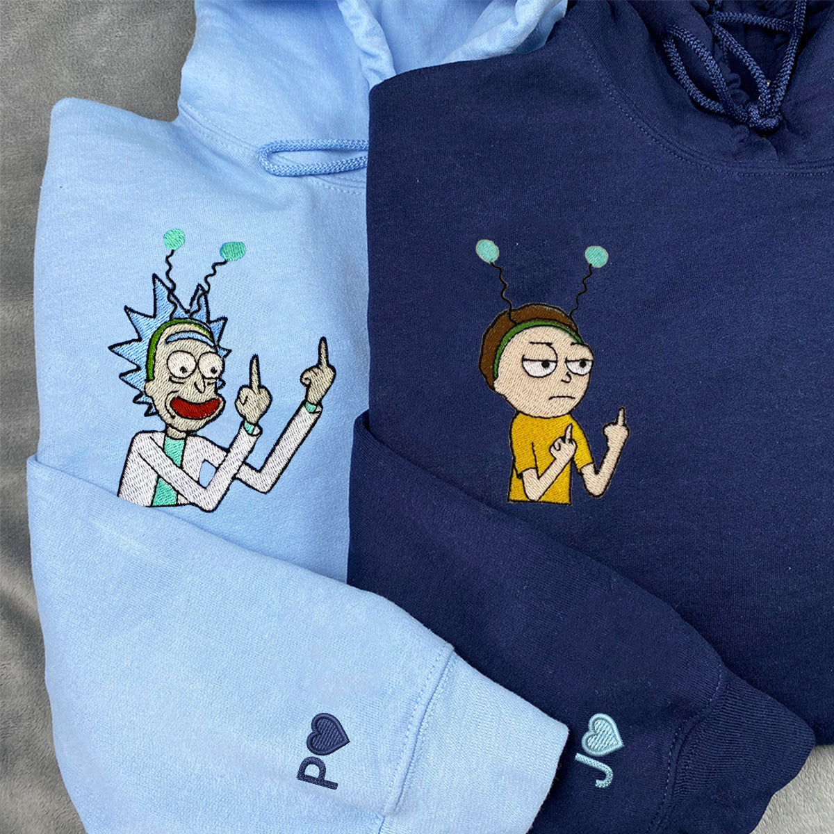 Custom Embroidered Hoodies & Sweatshirts for Couples with Initials, Bold Sci-Fi Cartoon Duo Set