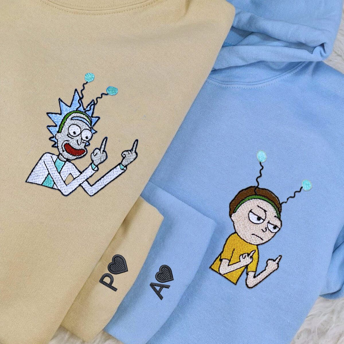 Custom Embroidered Hoodies & Sweatshirts for Couples with Initials, Bold Sci-Fi Cartoon Duo Set