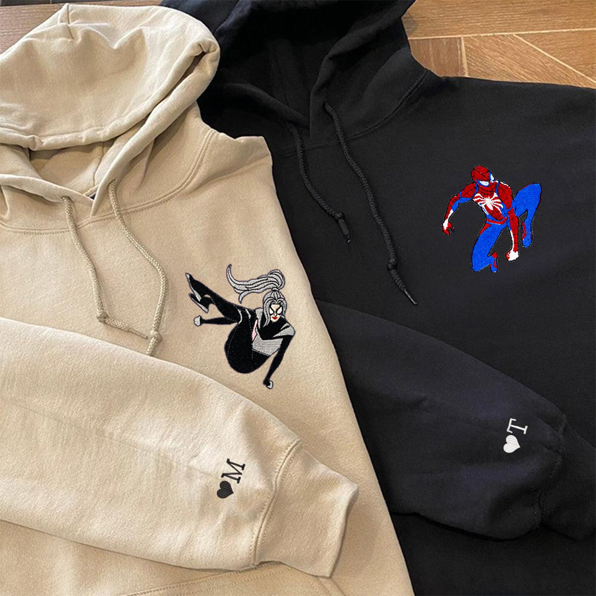 Custom Embroidered Hoodies & Sweatshirts for Couples with Initials, Cartoon Hero & Heroine Matching Set