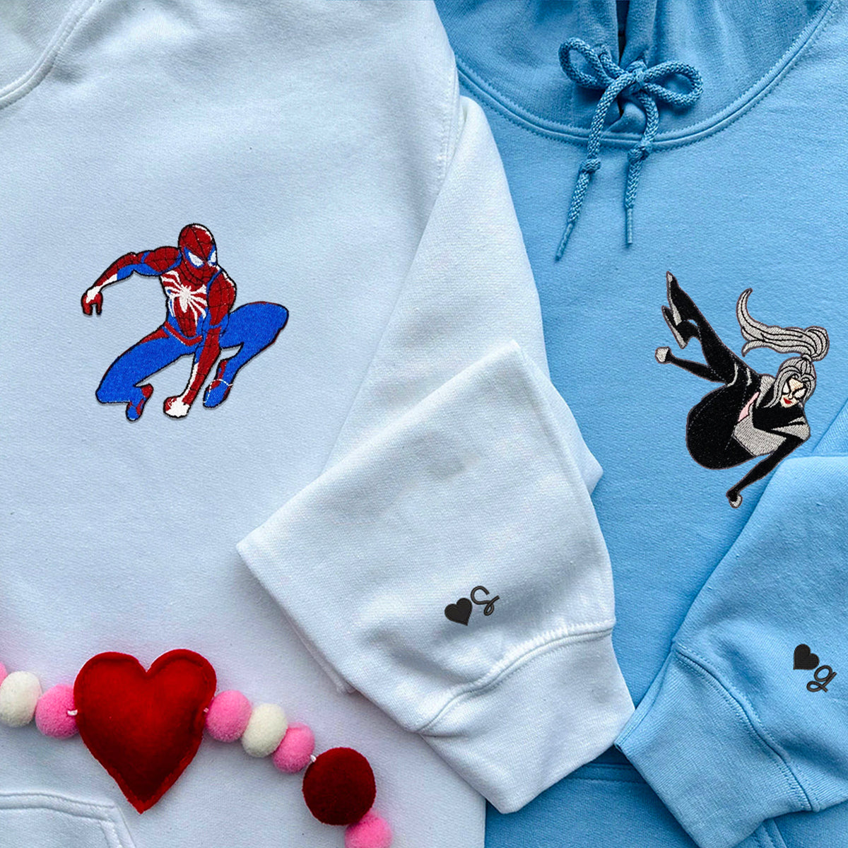 Custom Embroidered Hoodies & Sweatshirts for Couples with Initials, Cartoon Hero & Heroine Matching Set