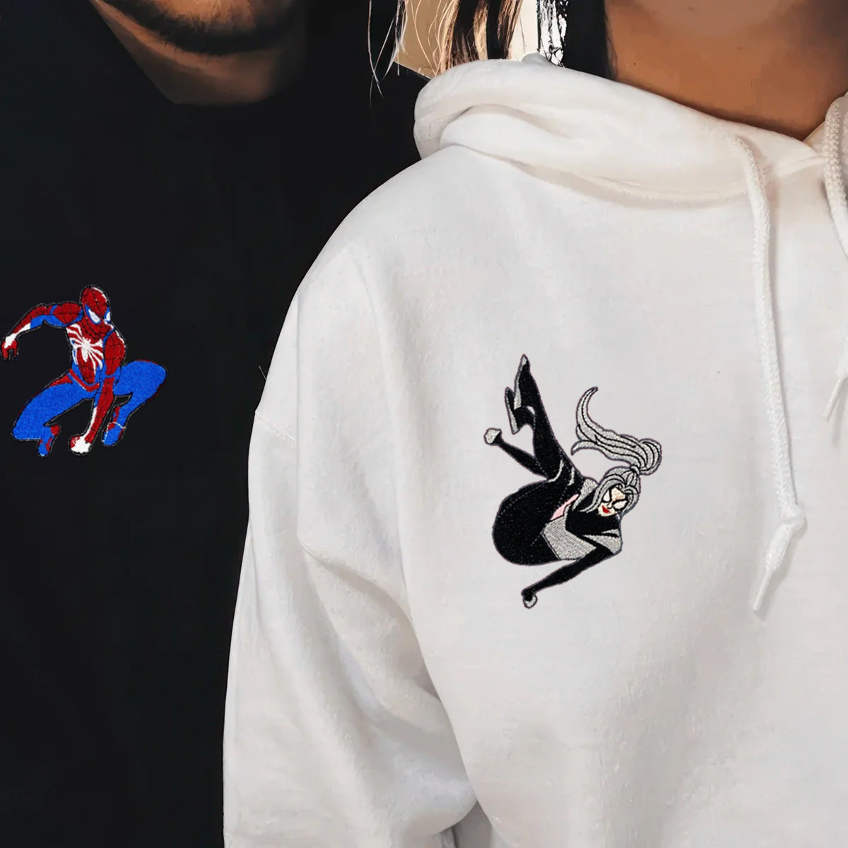 Custom Embroidered Hoodies & Sweatshirts for Couples with Initials, Cartoon Hero & Heroine Matching Set