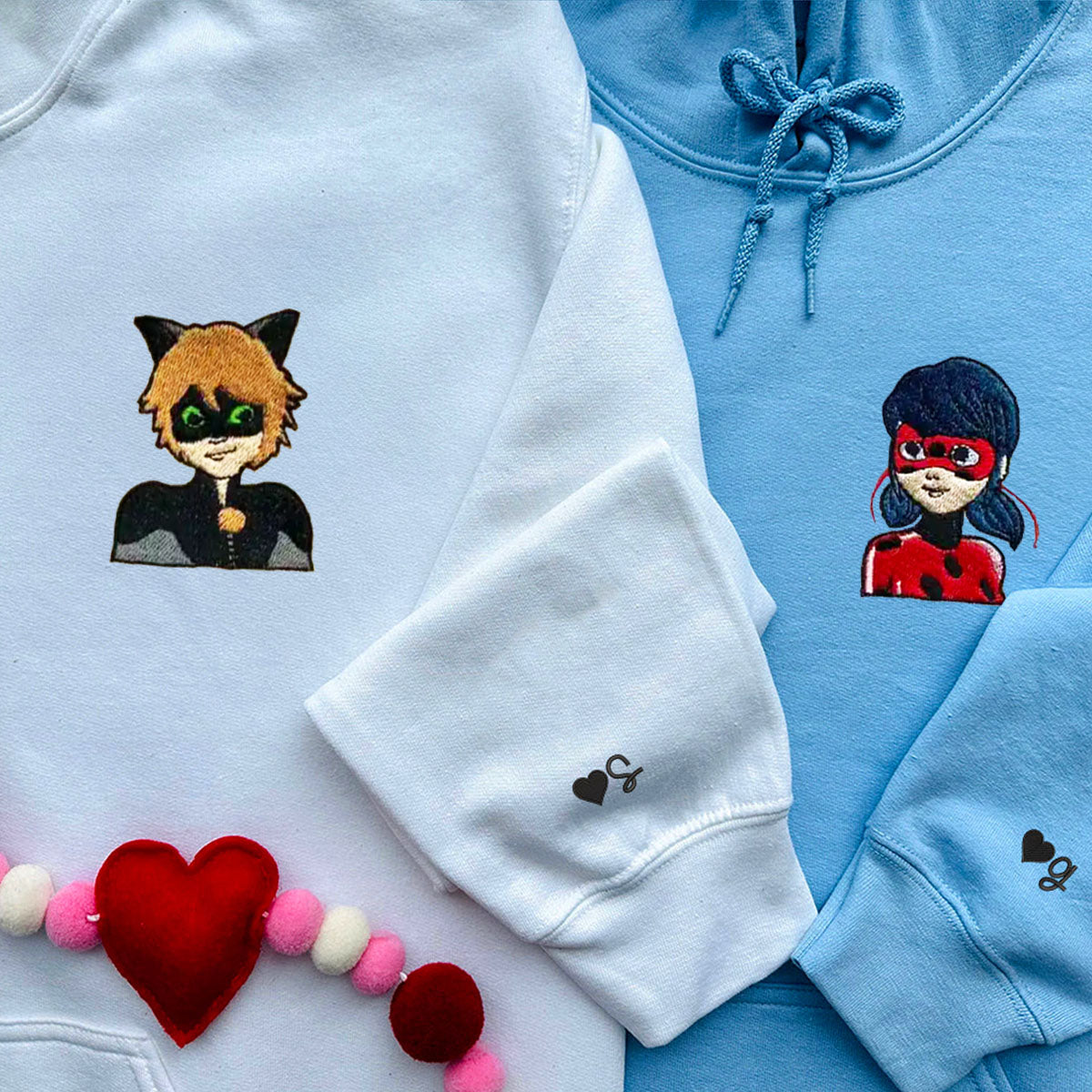 Custom Embroidered Hoodies & Sweatshirts for Couples with Initials, Charming Superhero-Inspired Couple Design