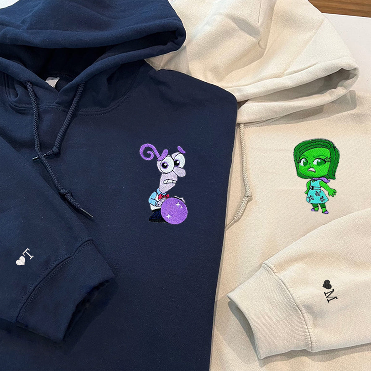 Custom Embroidered Hoodies & Sweatshirts for Couples with Initials, Colorful Emotion-Inspired Cartoon Duo Set