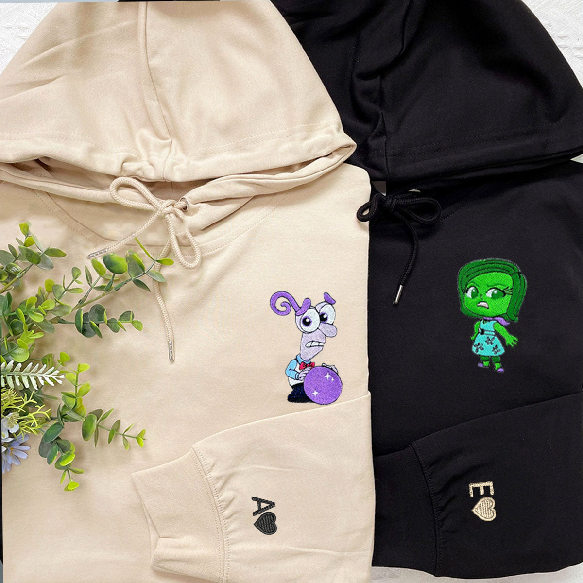 Custom Embroidered Hoodies & Sweatshirts for Couples with Initials, Colorful Emotion-Inspired Cartoon Duo Set