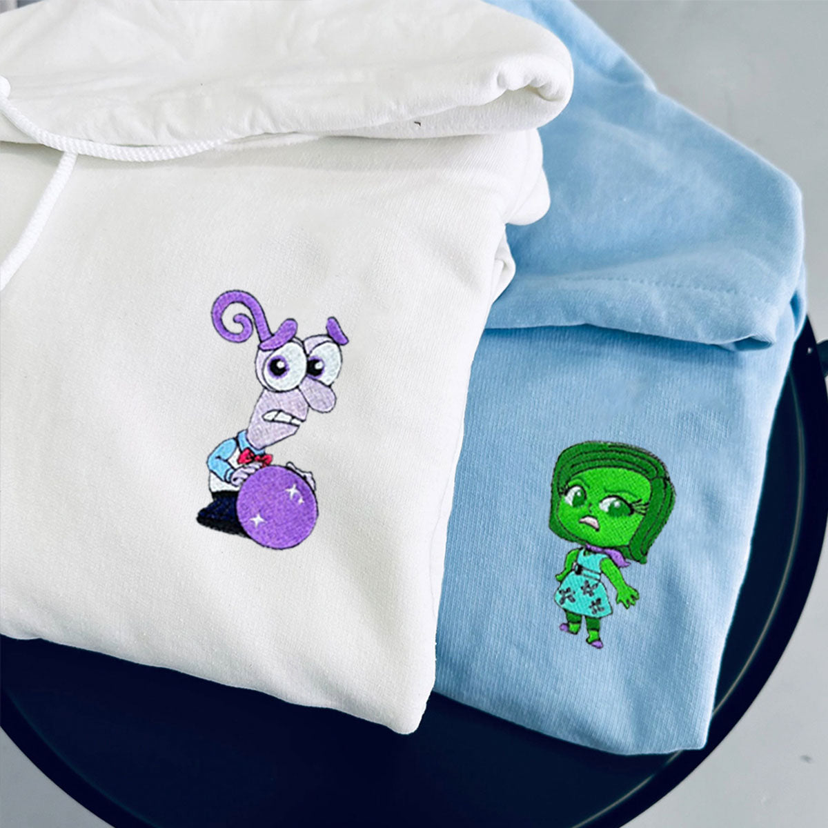 Custom Embroidered Hoodies & Sweatshirts for Couples with Initials, Colorful Emotion-Inspired Cartoon Duo Set