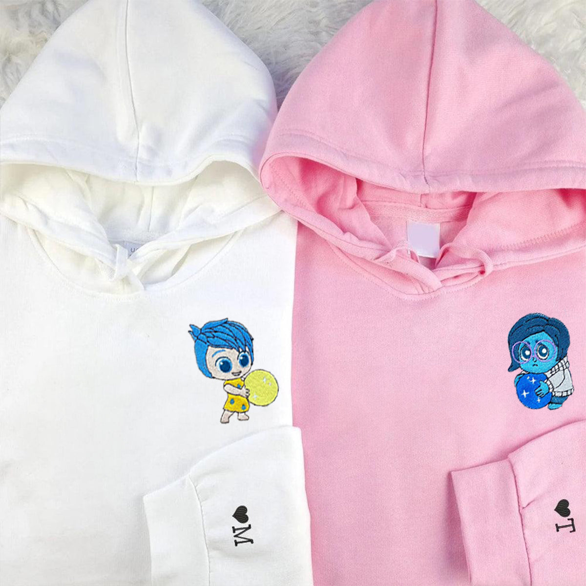 Custom Embroidered Hoodies & Sweatshirts for Couples with Initials, Colorful Emotion-Inspired Cartoon Duo Set V2