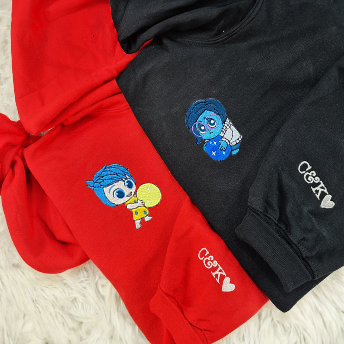 Custom Embroidered Hoodies & Sweatshirts for Couples with Initials, Colorful Emotion-Inspired Cartoon Duo Set V2