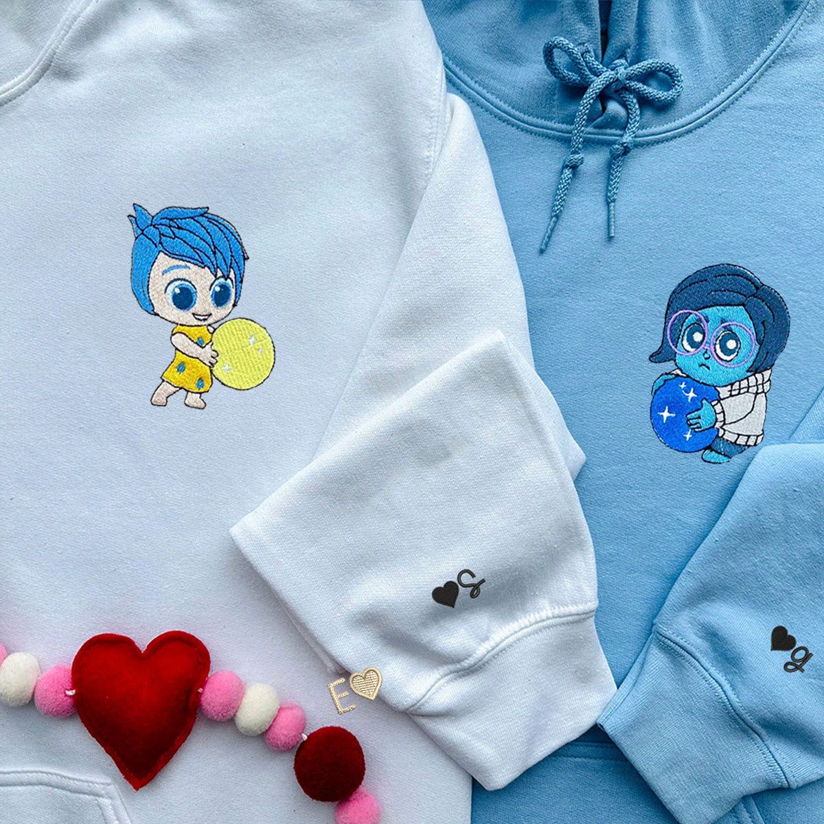 Custom Embroidered Hoodies & Sweatshirts for Couples with Initials, Colorful Emotion-Inspired Cartoon Duo Set V2