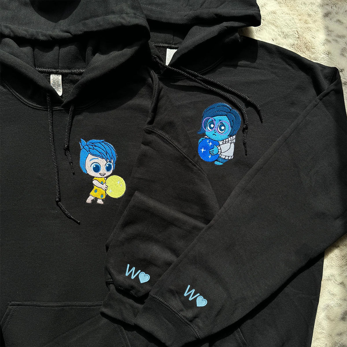 Custom Embroidered Hoodies & Sweatshirts for Couples with Initials, Colorful Emotion-Inspired Cartoon Duo Set V2
