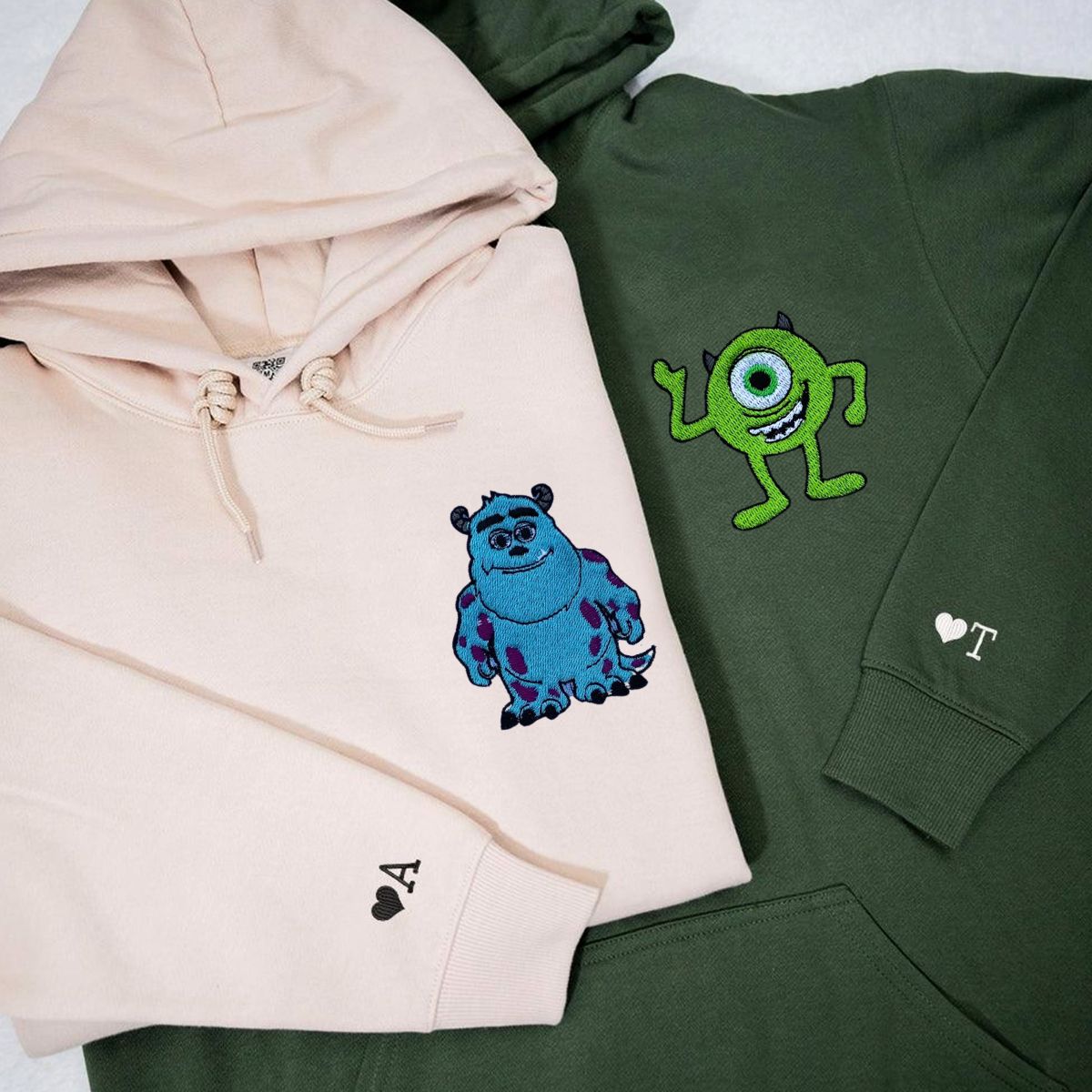Custom Embroidered Hoodies & Sweatshirts for Couples with Initials, Cute Cartoon Monster Duo Matching Set