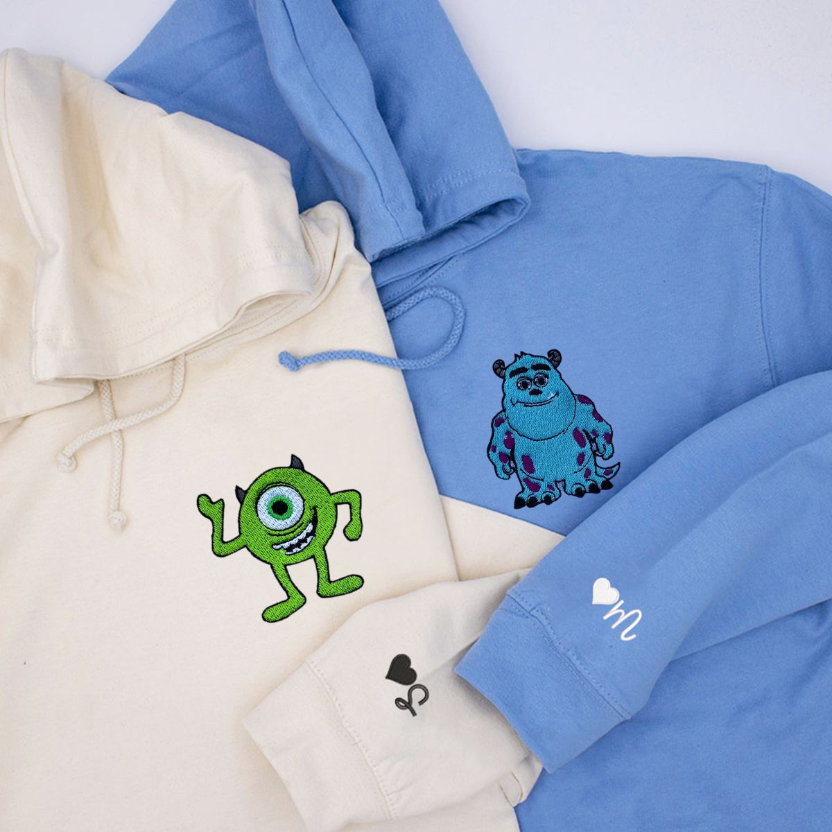 Custom Embroidered Hoodies & Sweatshirts for Couples with Initials, Cute Cartoon Monster Duo Matching Set