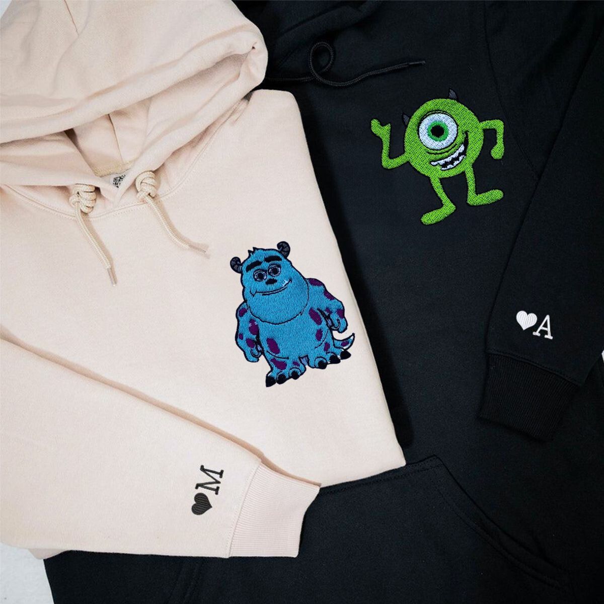 Custom Embroidered Hoodies & Sweatshirts for Couples with Initials, Cute Cartoon Monster Duo Matching Set