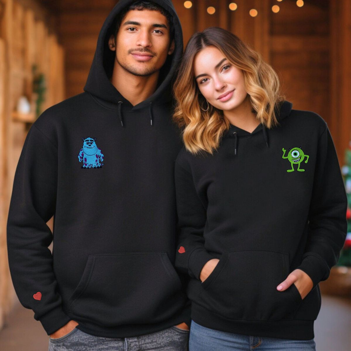 Custom Embroidered Hoodies & Sweatshirts for Couples with Initials, Cute Cartoon Monster Duo Matching Set