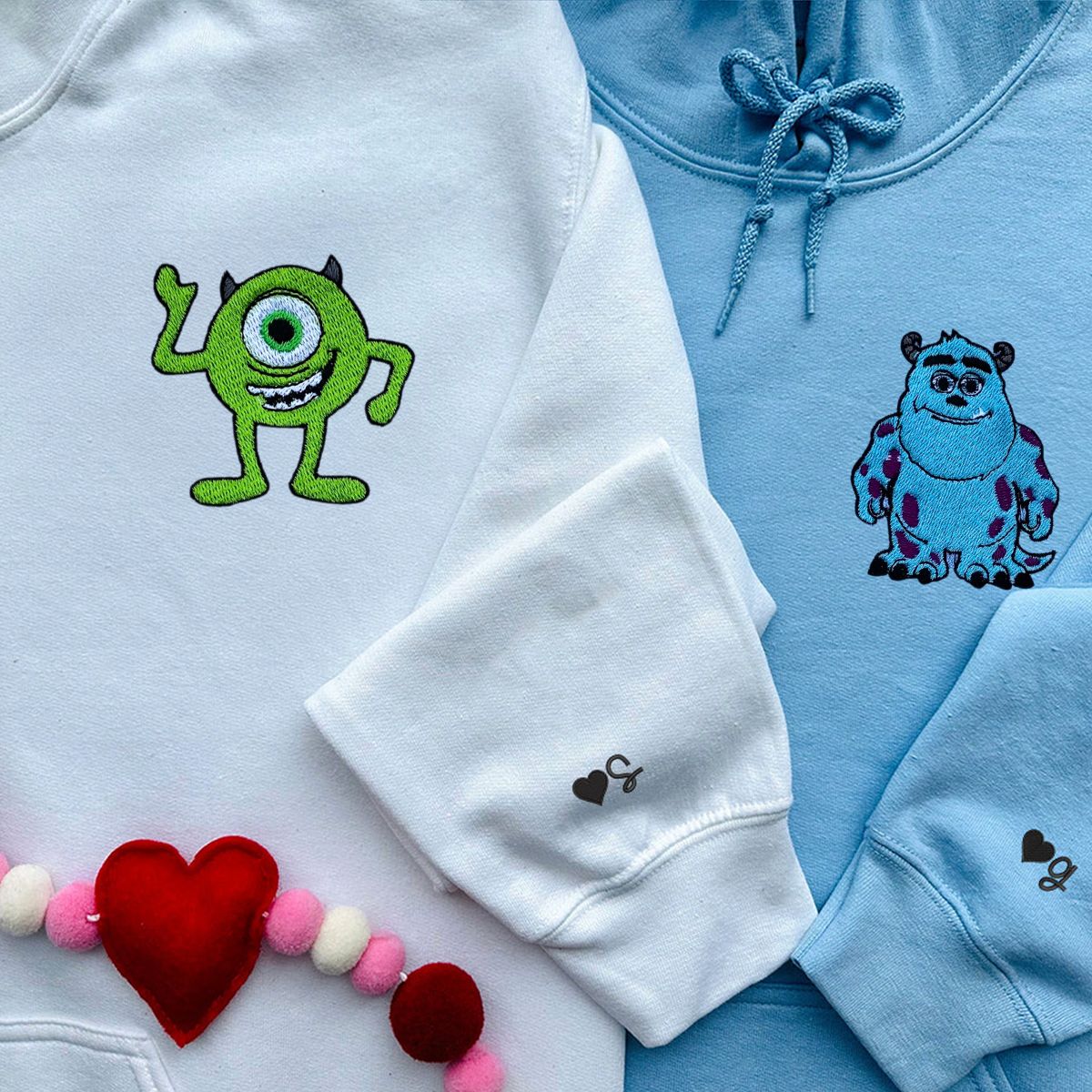 Custom Embroidered Hoodies & Sweatshirts for Couples with Initials, Cute Cartoon Monster Duo Matching Set