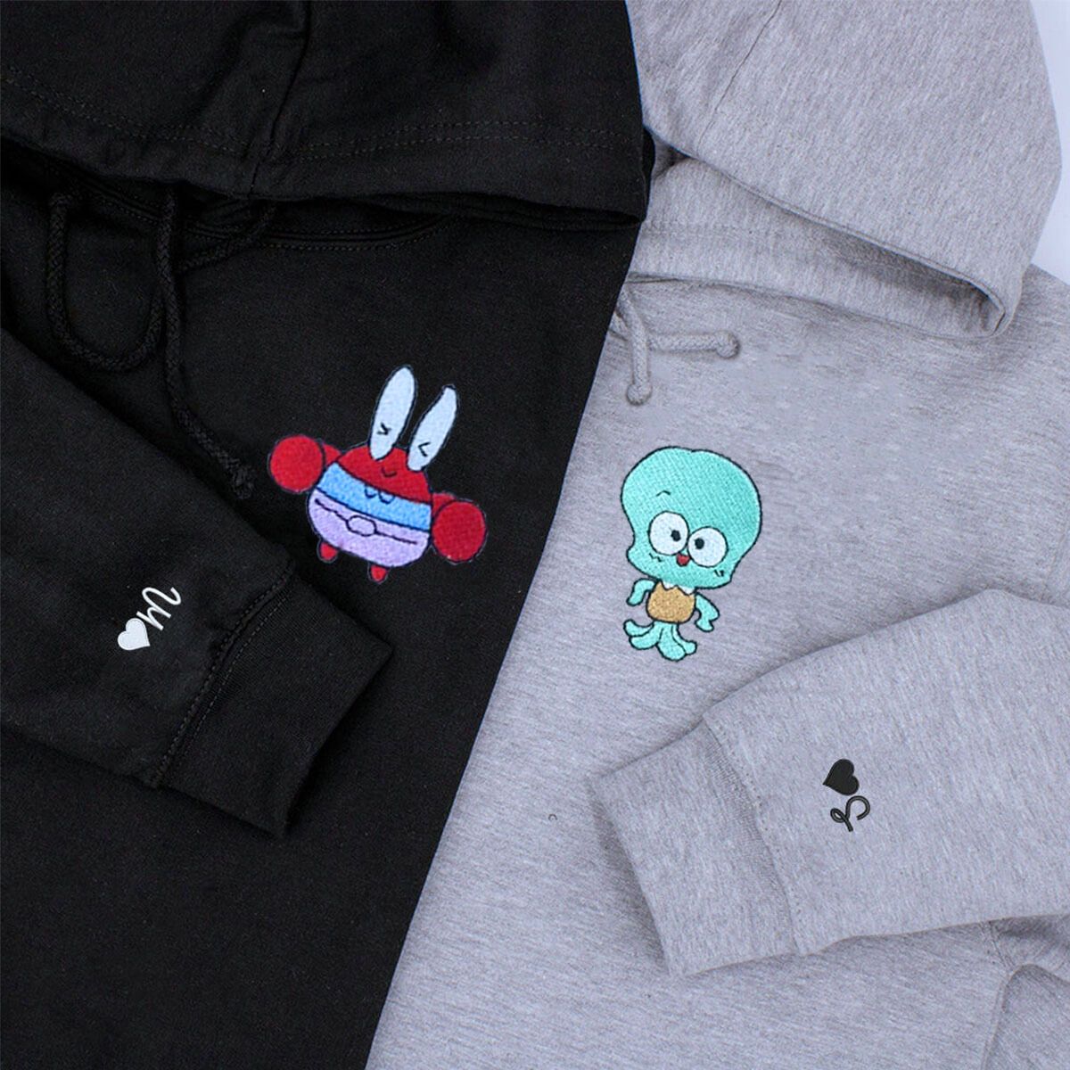 Custom Embroidered Hoodies & Sweatshirts for Couples with Initials, Cute Ocean-Inspired Cartoon Character Duo Set