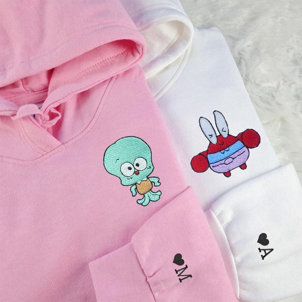 Custom Embroidered Hoodies & Sweatshirts for Couples with Initials, Cute Ocean-Inspired Cartoon Character Duo Set