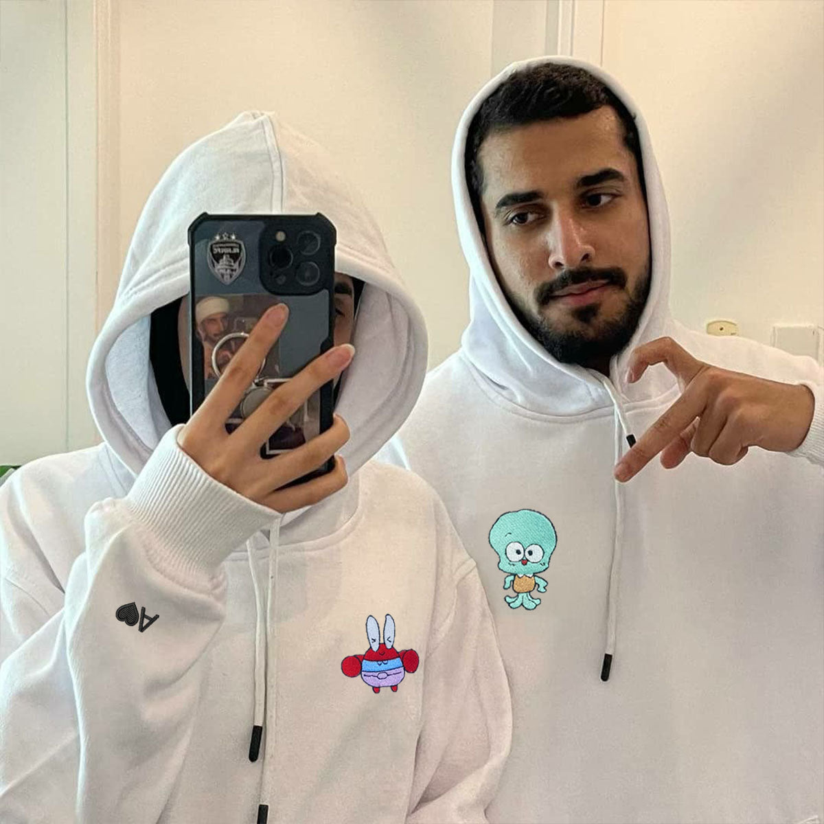 Custom Embroidered Hoodies & Sweatshirts for Couples with Initials, Cute Ocean-Inspired Cartoon Character Duo Set