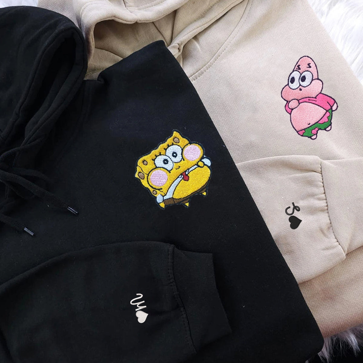 Custom Embroidered Hoodies & Sweatshirts for Couples with Initials, Cute Ocean-Inspired Cartoon Character Duo Set V2