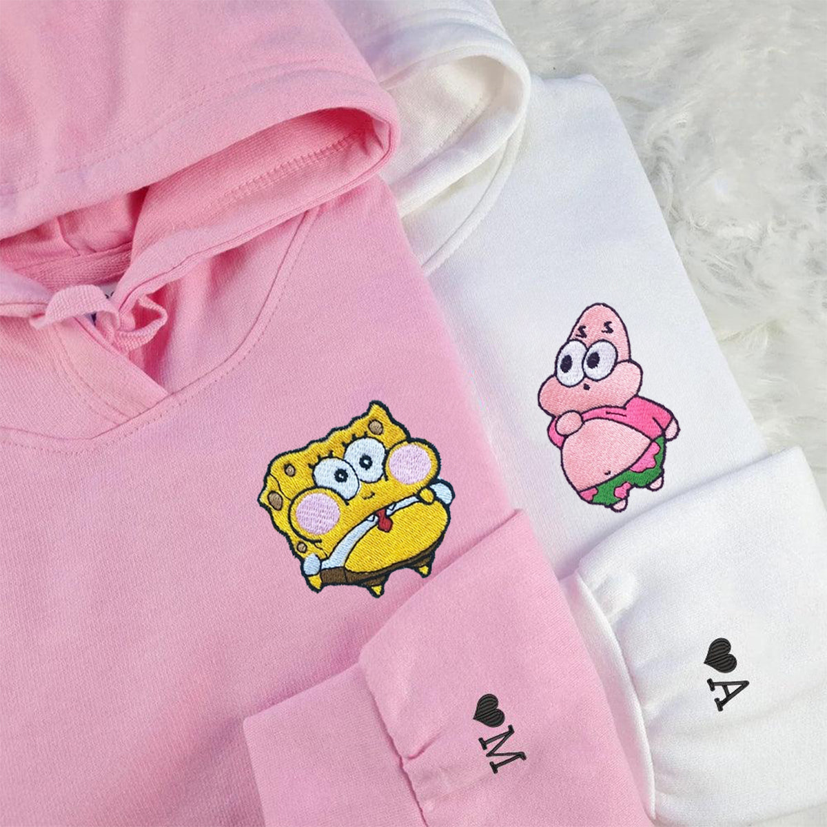 Custom Embroidered Hoodies & Sweatshirts for Couples with Initials, Cute Ocean-Inspired Cartoon Character Duo Set V2