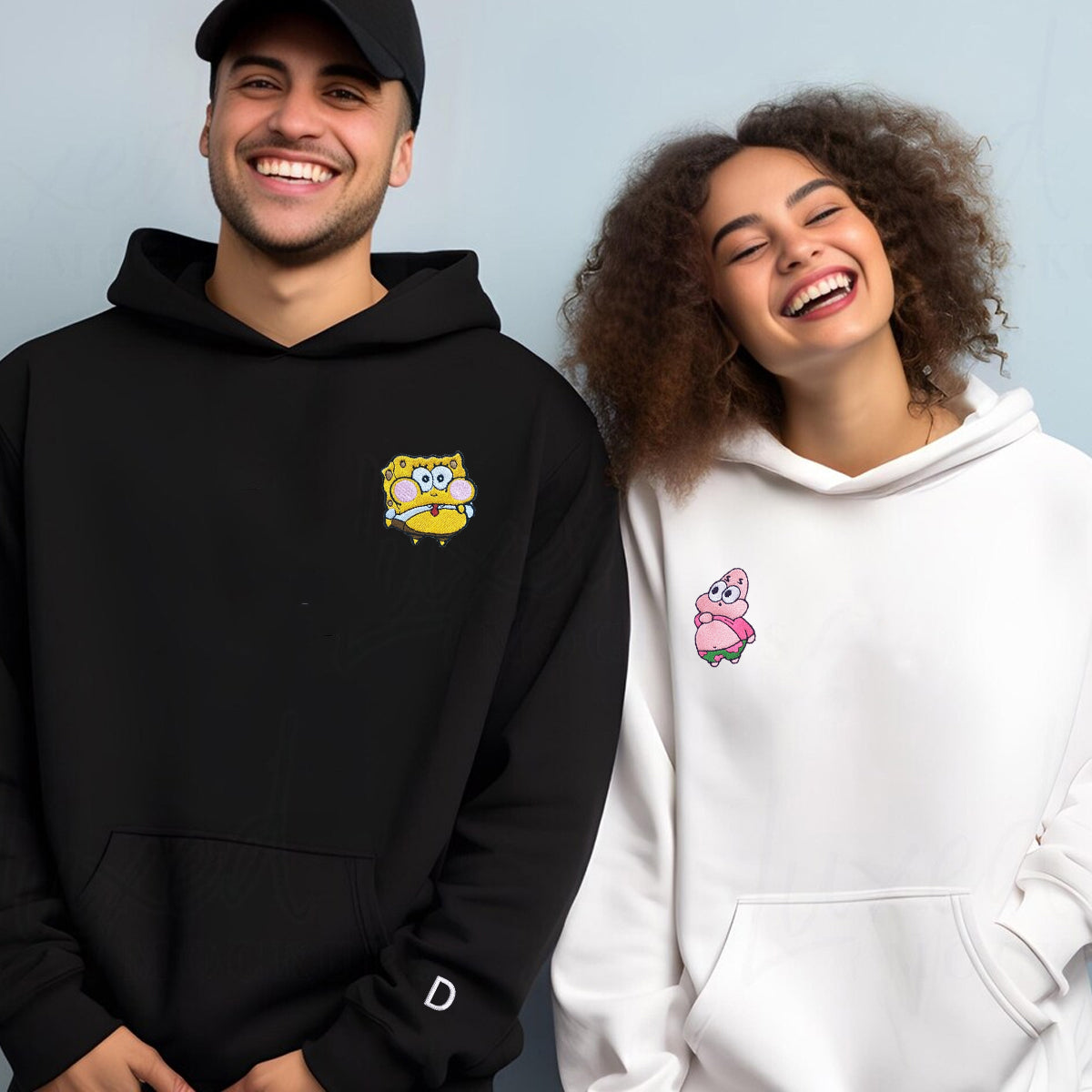 Custom Embroidered Hoodies & Sweatshirts for Couples with Initials, Cute Ocean-Inspired Cartoon Character Duo Set V2