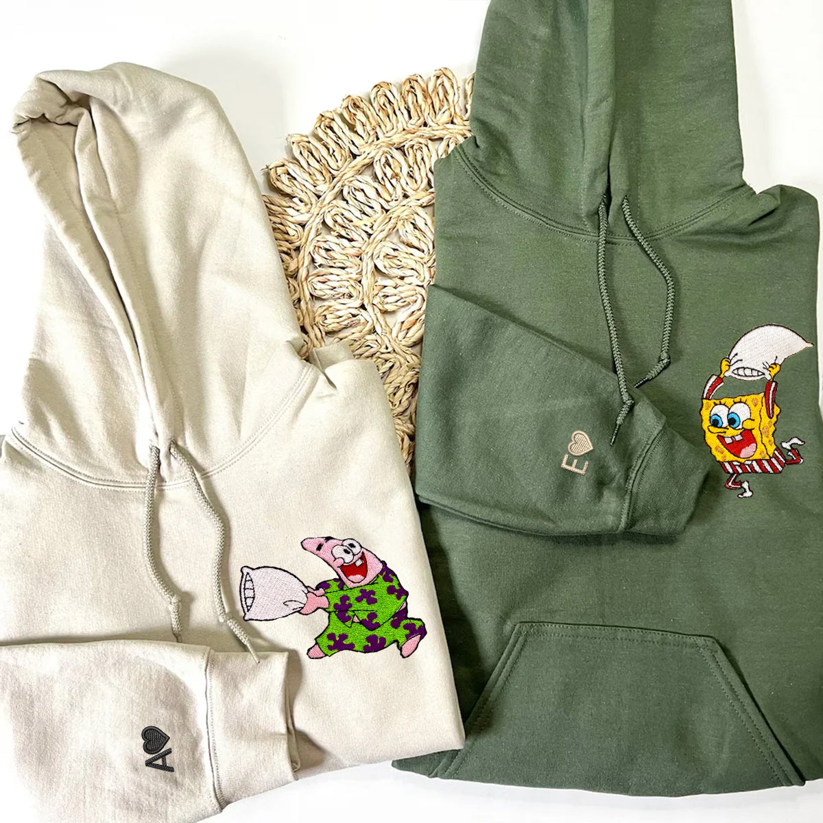 Custom Embroidered Hoodies & Sweatshirts for Couples with Initials, Cute Pajama & Pillow Battle Character Pair