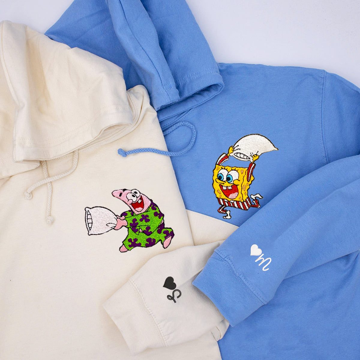 Custom Embroidered Hoodies & Sweatshirts for Couples with Initials, Cute Pajama & Pillow Battle Character Pair