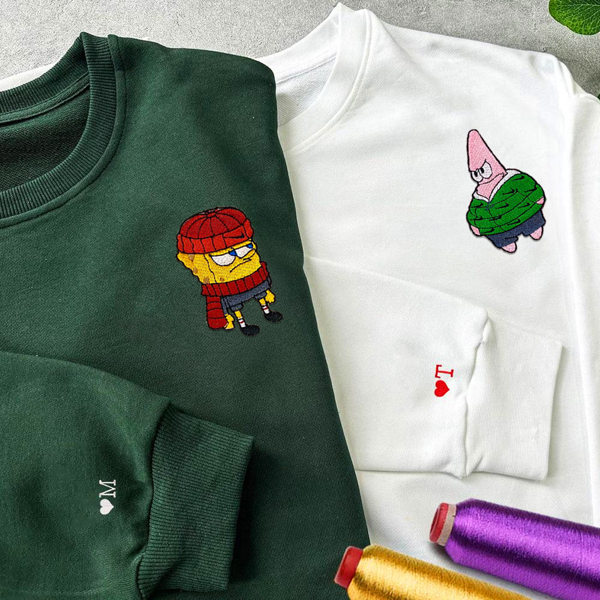 Custom Embroidered Hoodies & Sweatshirts for Couples with Initials, Cute Sea Friends in Winter Outfits Design