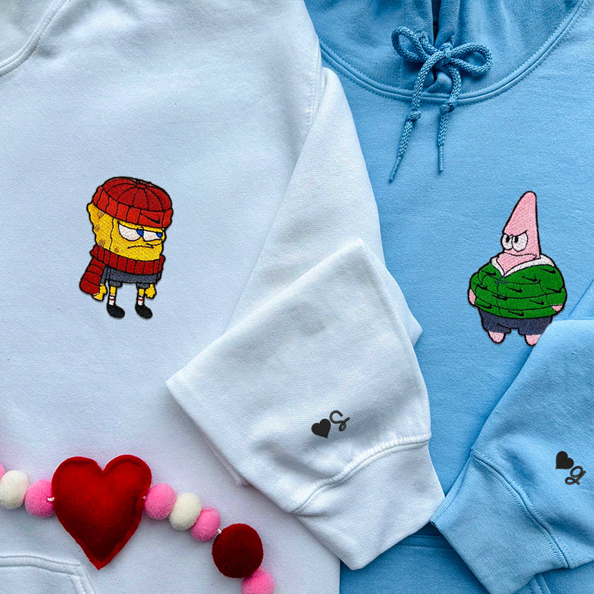 Custom Embroidered Hoodies & Sweatshirts for Couples with Initials, Cute Sea Friends in Winter Outfits Design