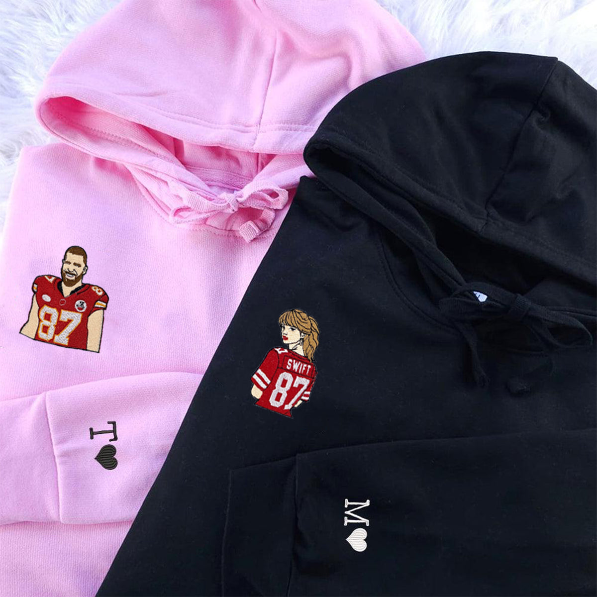 Custom Embroidered Hoodies & Sweatshirts for Couples with Initials, Cute Sports Fan Matching Set