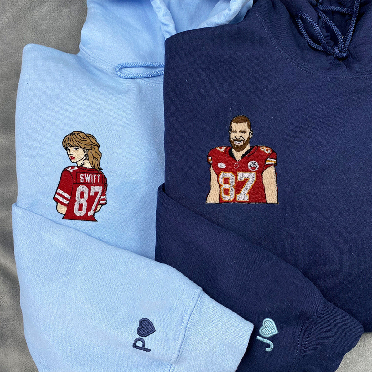 Custom Embroidered Hoodies & Sweatshirts for Couples with Initials, Cute Sports Fan Matching Set