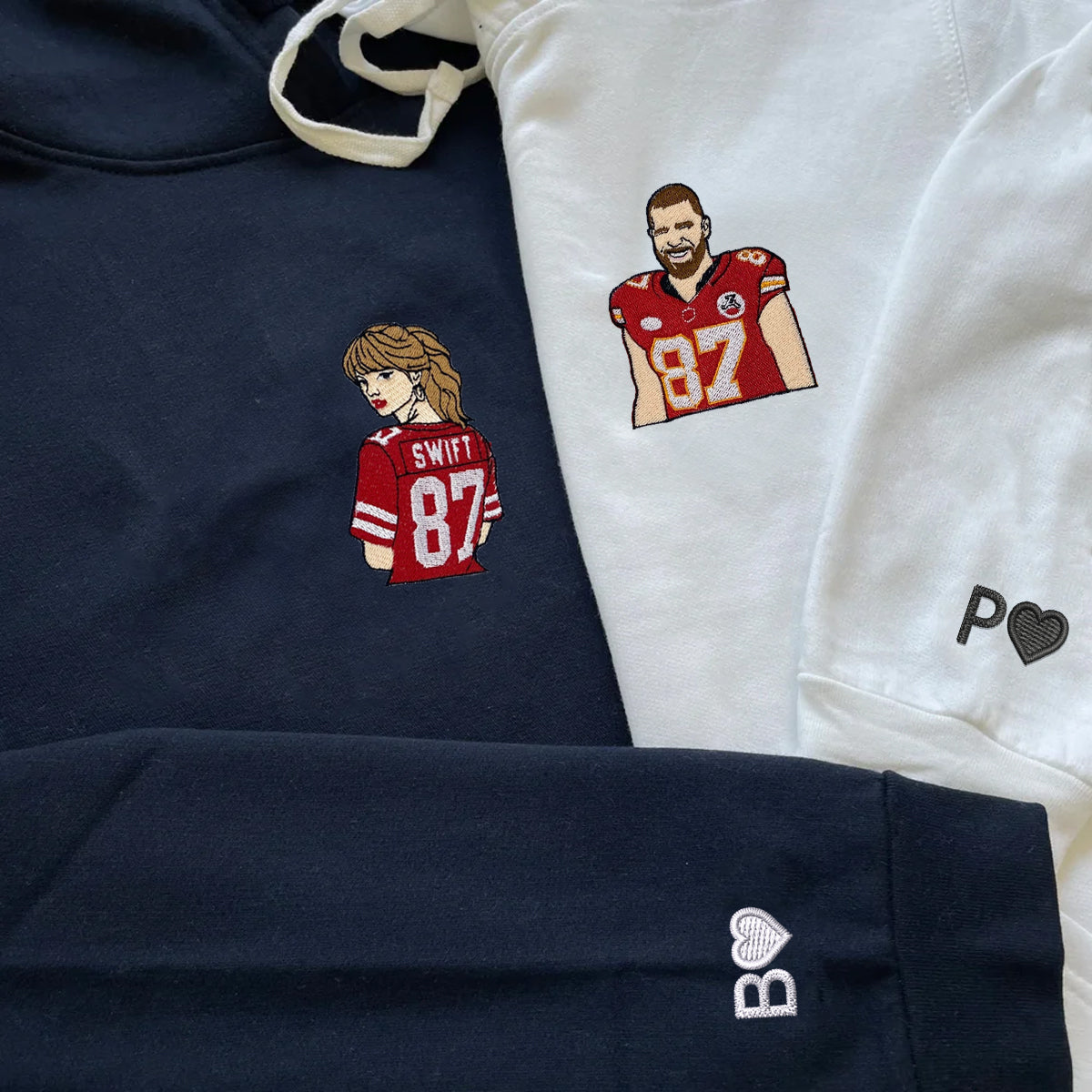 Custom Embroidered Hoodies & Sweatshirts for Couples with Initials, Cute Sports Fan Matching Set