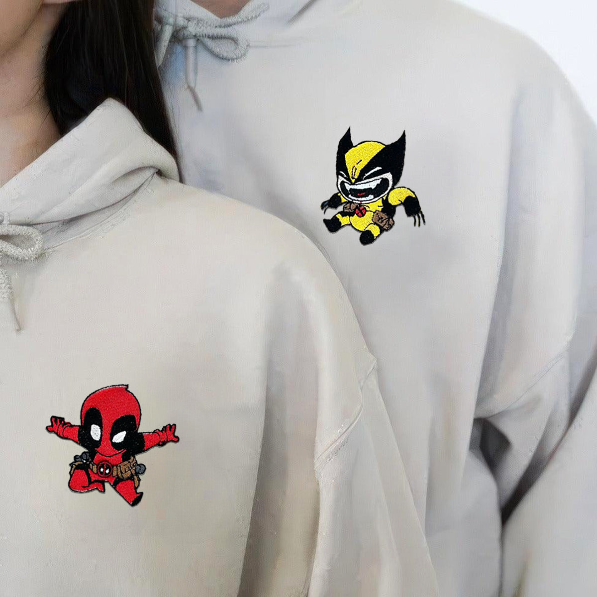 Custom Embroidered Hoodies & Sweatshirts for Couples with Initials, Energetic Super-Inspired Cartoon Duo Set