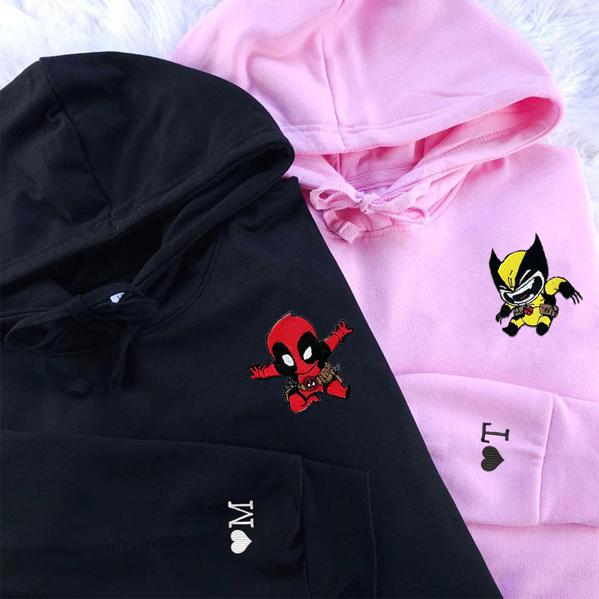 Custom Embroidered Hoodies & Sweatshirts for Couples with Initials, Energetic Super-Inspired Cartoon Duo Set