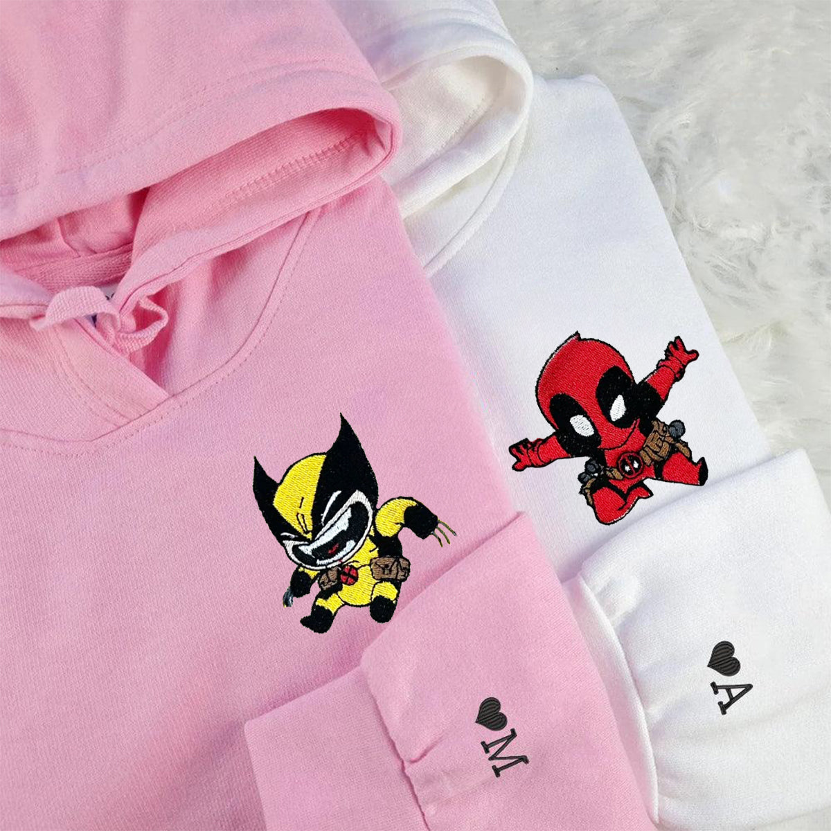 Custom Embroidered Hoodies & Sweatshirts for Couples with Initials, Energetic Super-Inspired Cartoon Duo Set