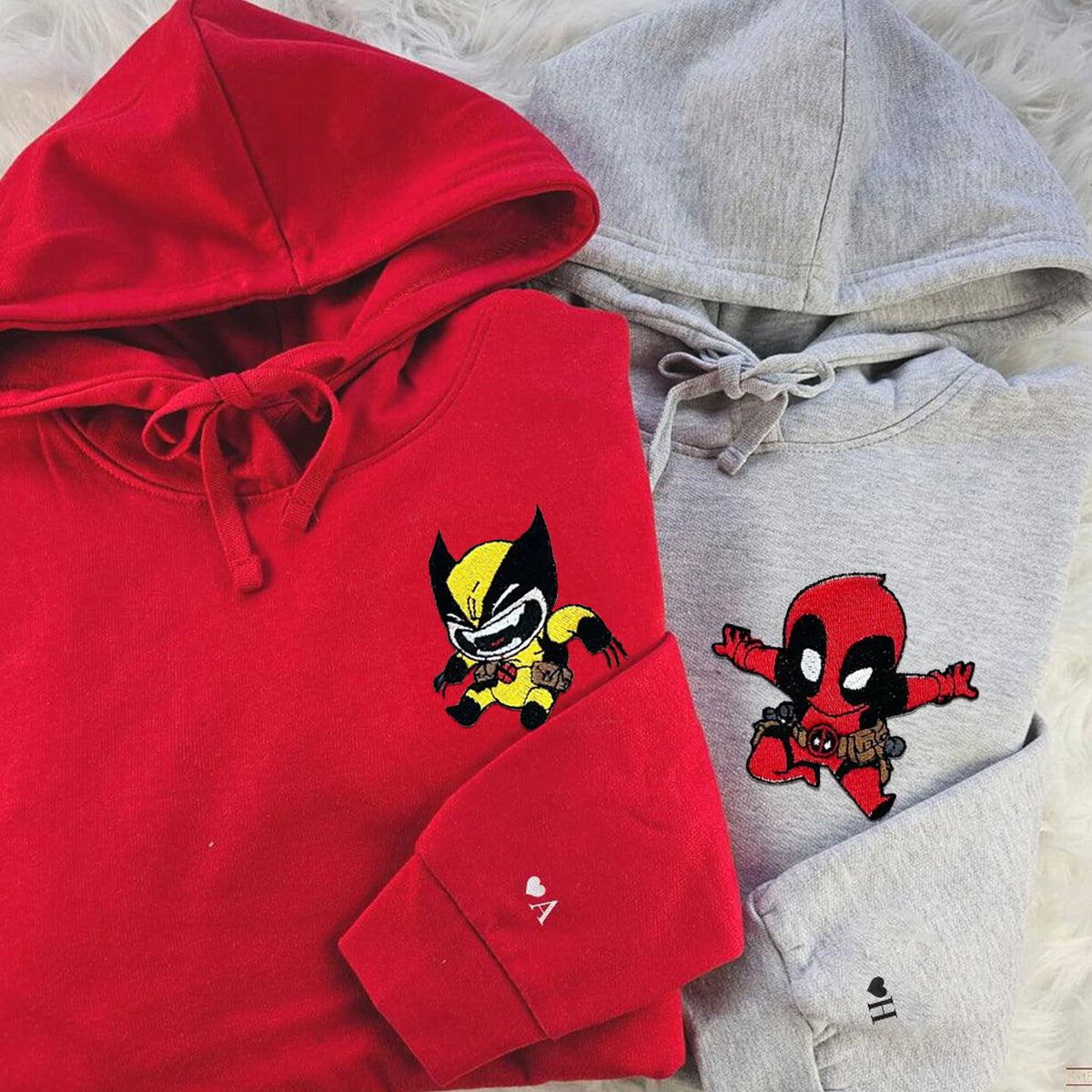 Custom Embroidered Hoodies & Sweatshirts for Couples with Initials, Energetic Super-Inspired Cartoon Duo Set