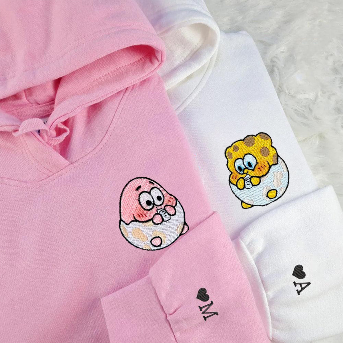 Custom Embroidered Hoodies & Sweatshirts for Couples with Initials, Funny Eggshell Cartoon Couple Matching Set
