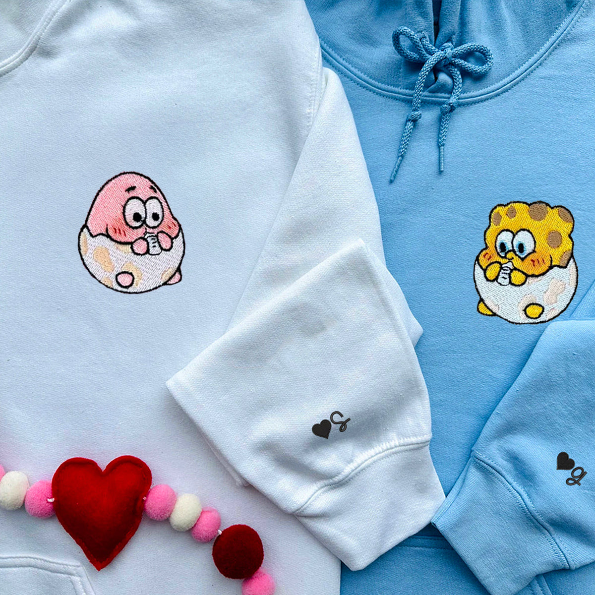 Custom Embroidered Hoodies & Sweatshirts for Couples with Initials, Funny Eggshell Cartoon Couple Matching Set