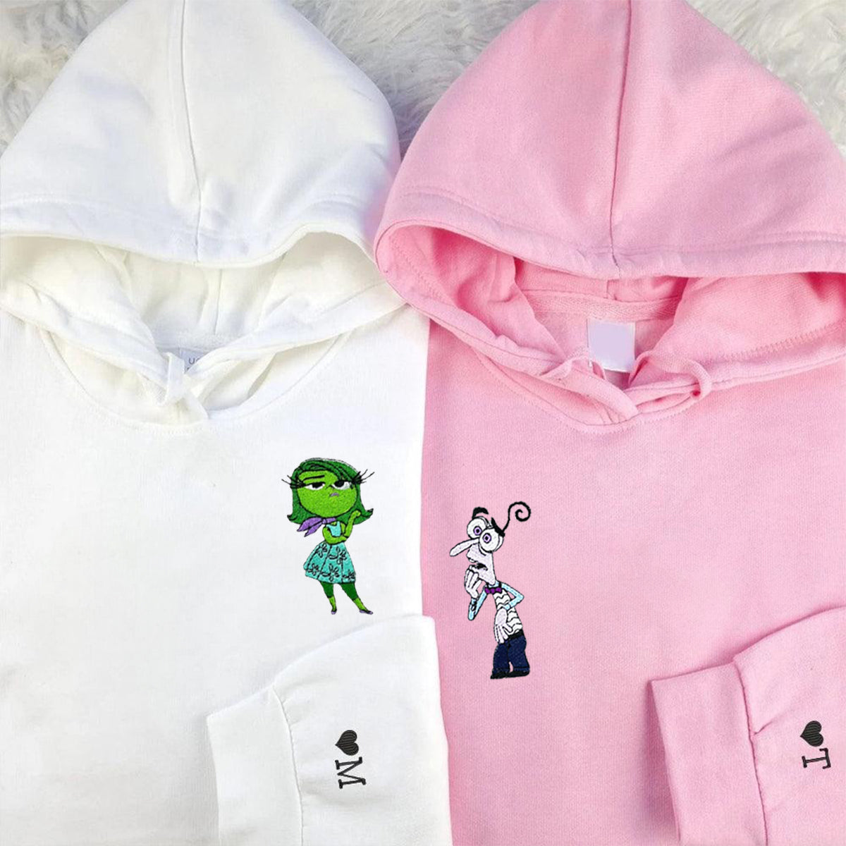 Custom Embroidered Hoodies & Sweatshirts for Couples with Initials, Funny Emotion-Themed Cartoon Duo Matching Set