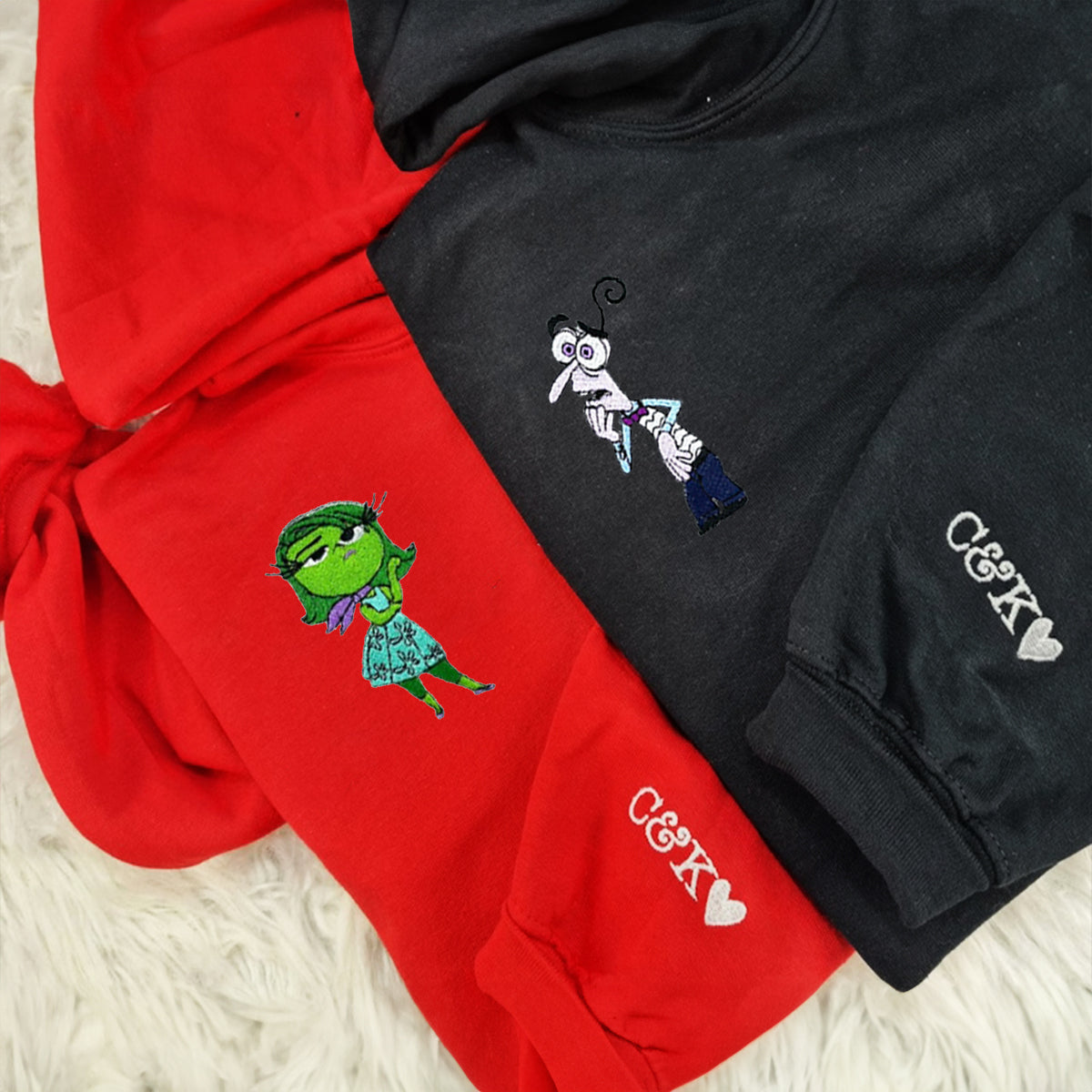 Custom Embroidered Hoodies & Sweatshirts for Couples with Initials, Funny Emotion-Themed Cartoon Duo Matching Set