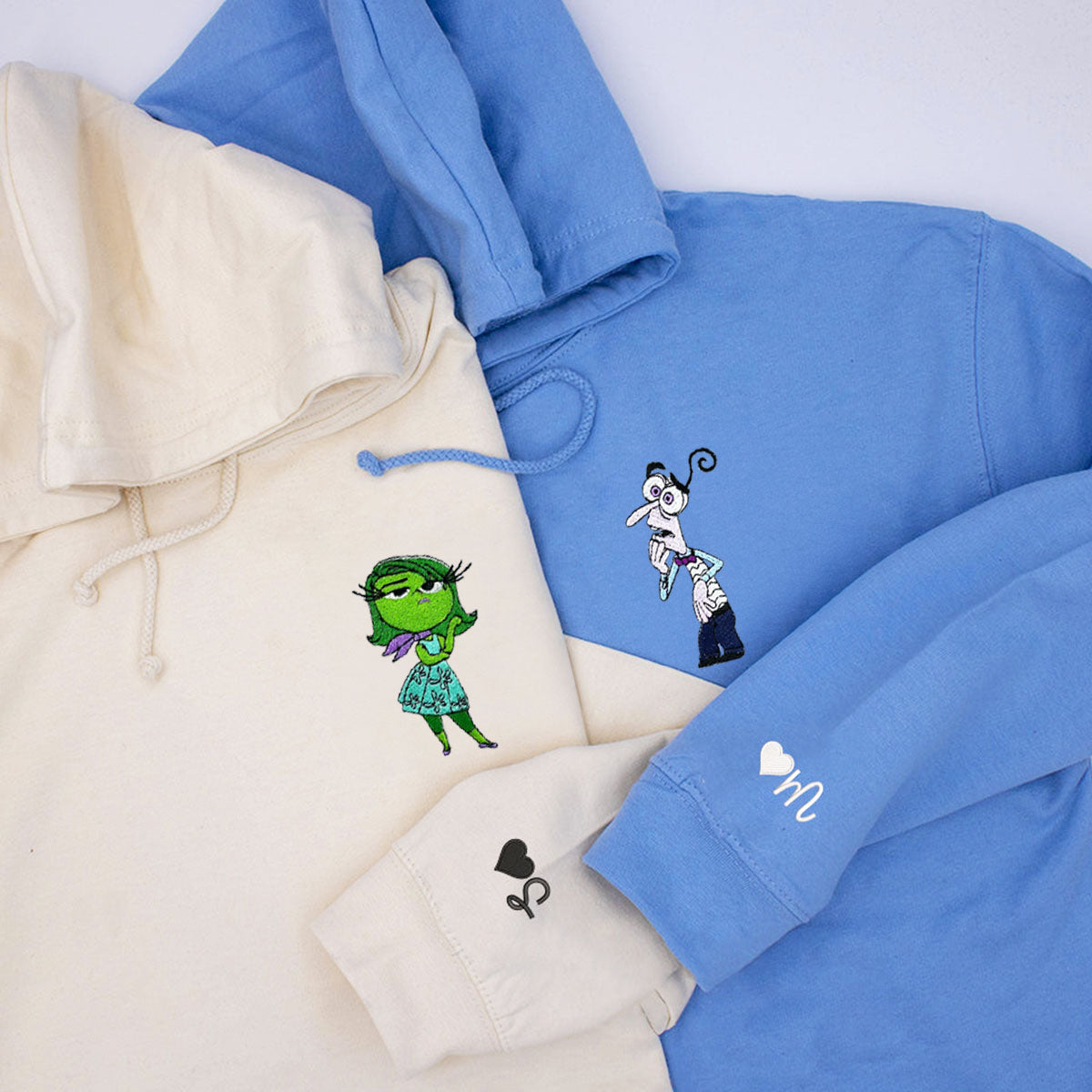 Custom Embroidered Hoodies & Sweatshirts for Couples with Initials, Funny Emotion-Themed Cartoon Duo Matching Set