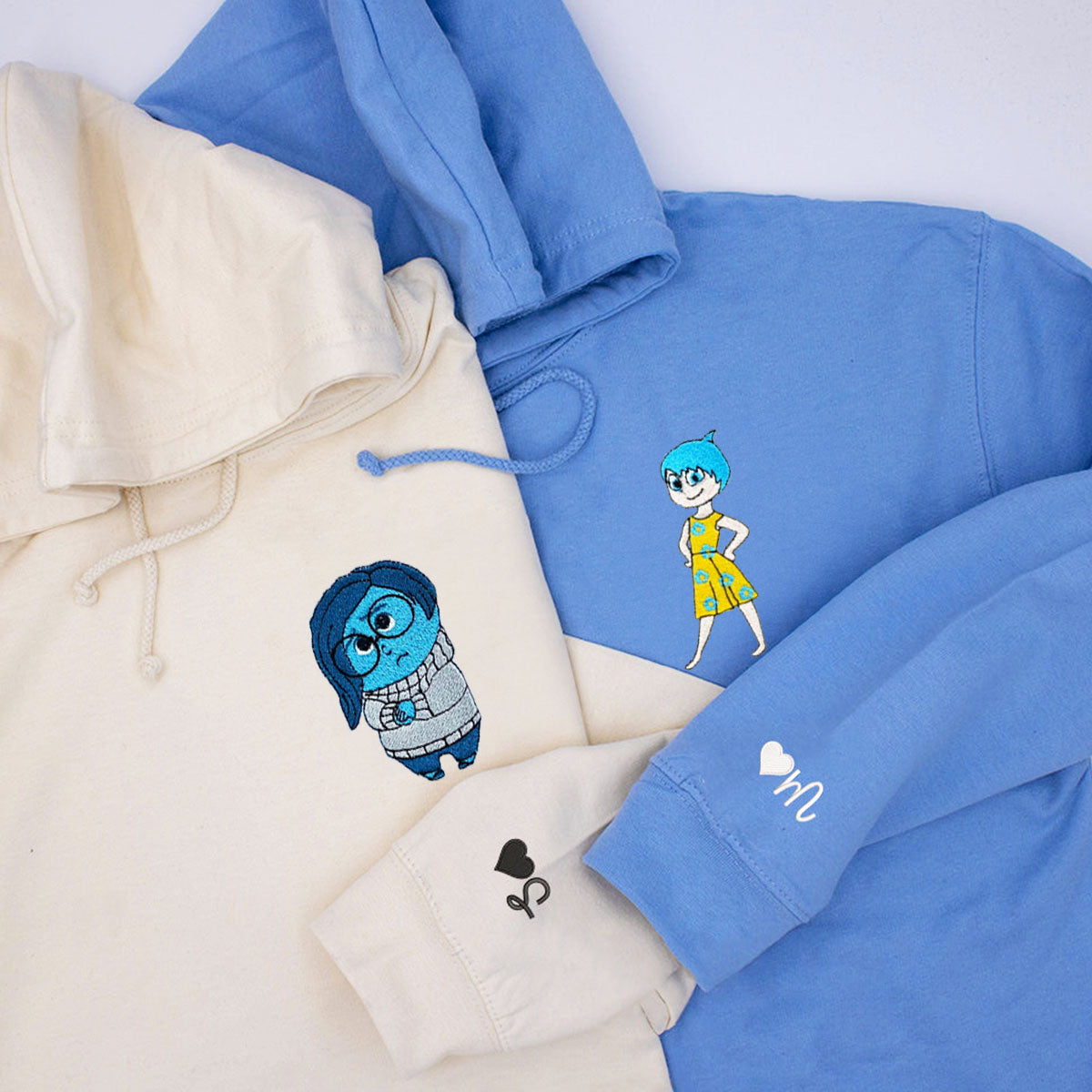 Custom Embroidered Hoodies & Sweatshirts for Couples with Initials, Funny Emotion-Themed Cartoon Duo Matching Set V2