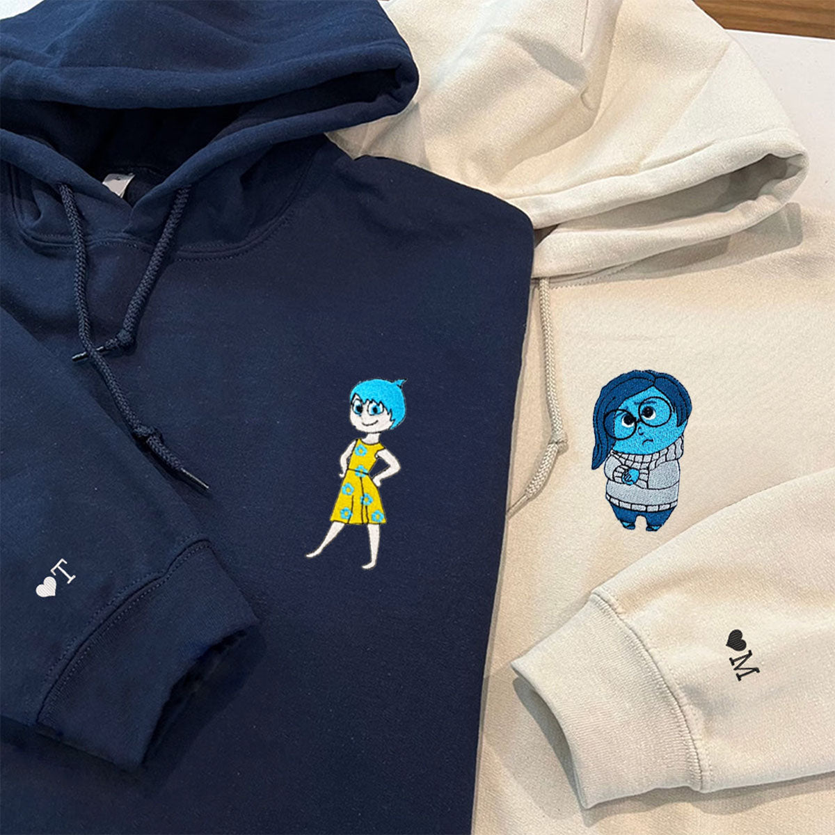 Custom Embroidered Hoodies & Sweatshirts for Couples with Initials, Funny Emotion-Themed Cartoon Duo Matching Set V2