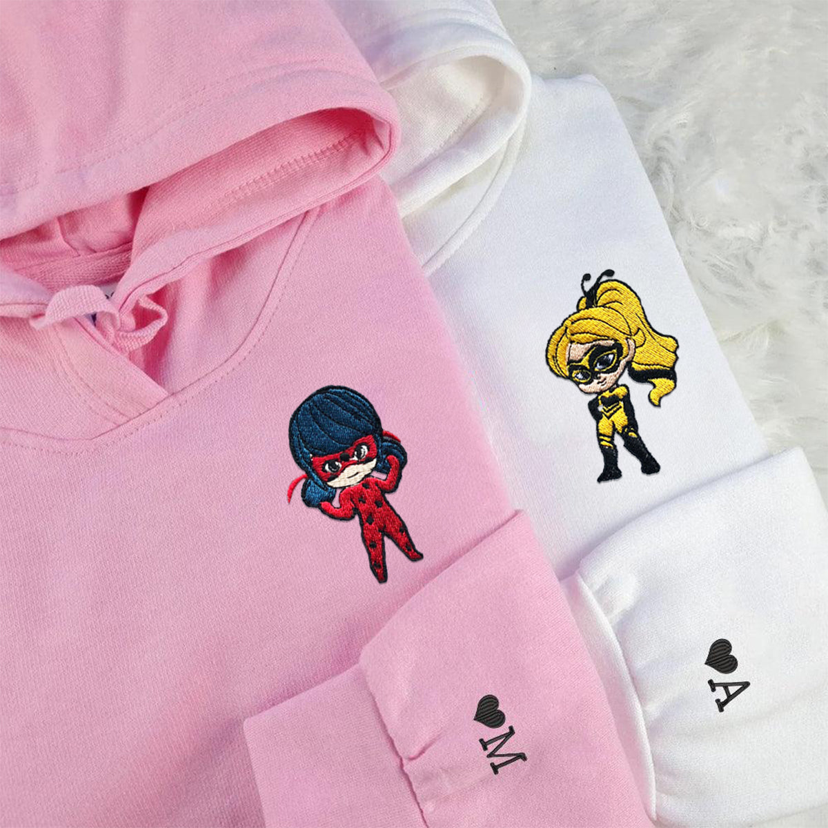 Custom Embroidered Hoodies & Sweatshirts for Couples with Initials, Girl Power-Inspired Super Duo Set