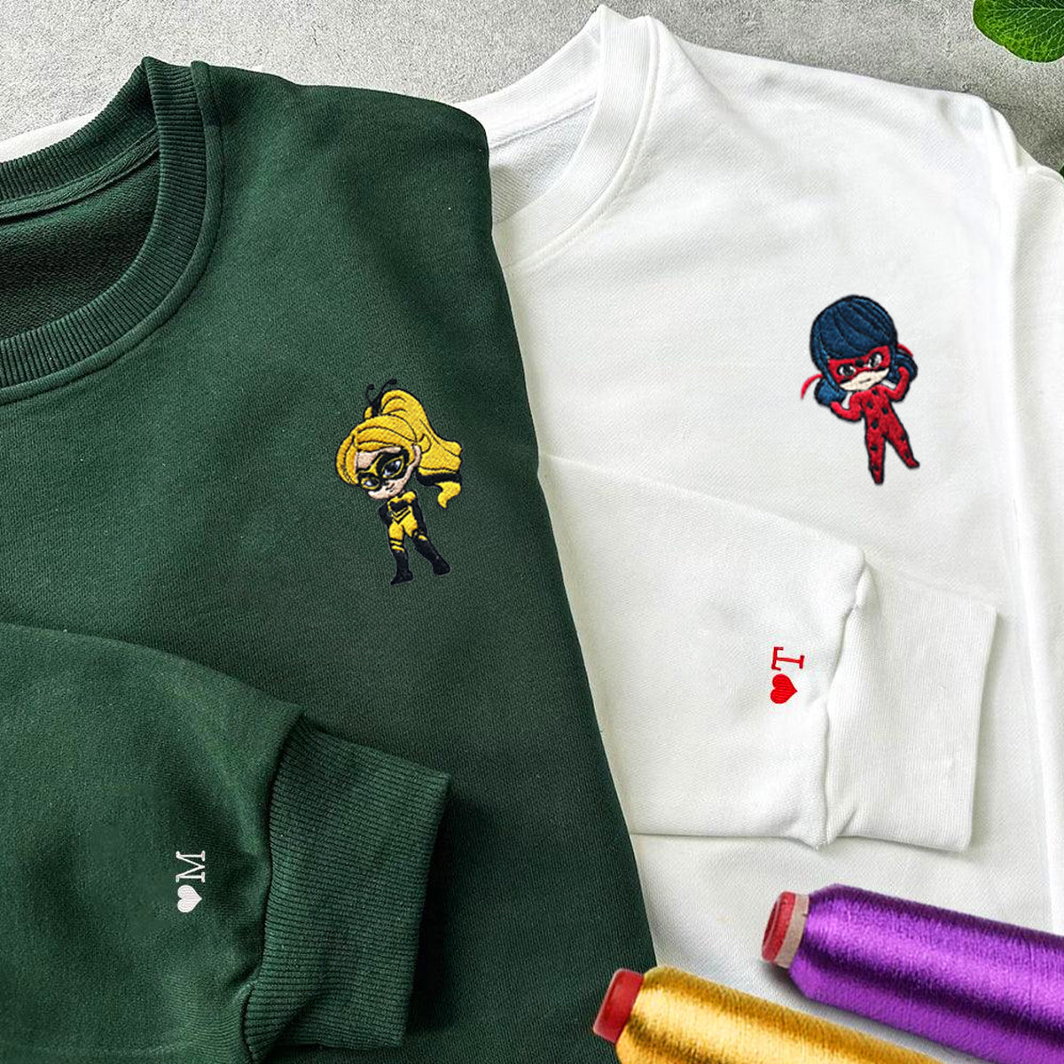 Custom Embroidered Hoodies & Sweatshirts for Couples with Initials, Girl Power-Inspired Super Duo Set