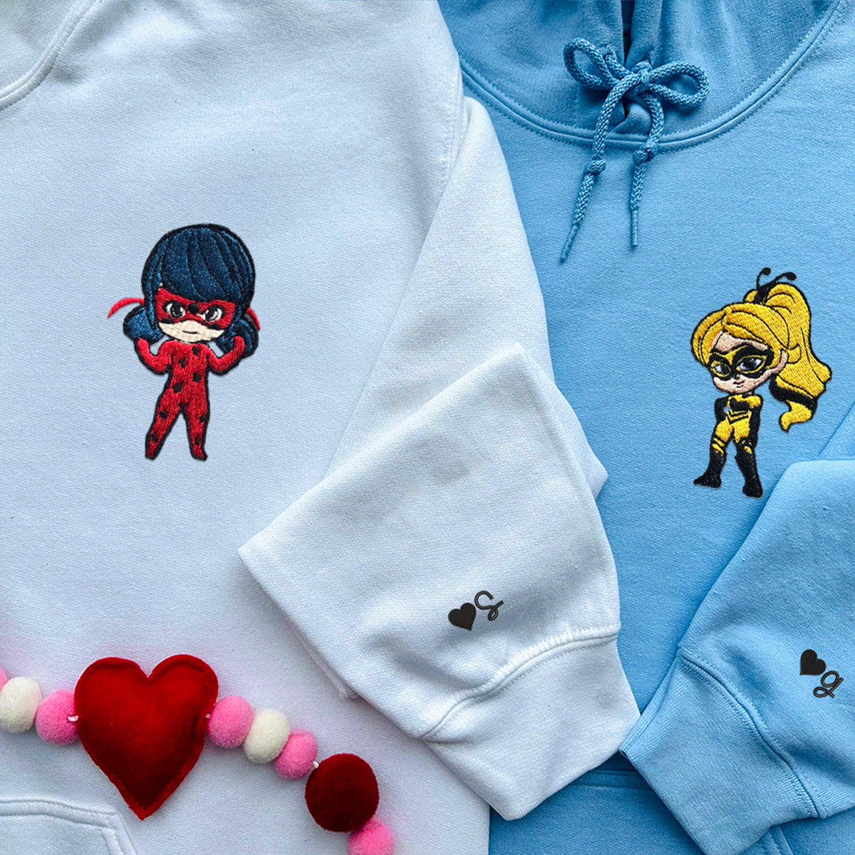 Custom Embroidered Hoodies & Sweatshirts for Couples with Initials, Girl Power-Inspired Super Duo Set