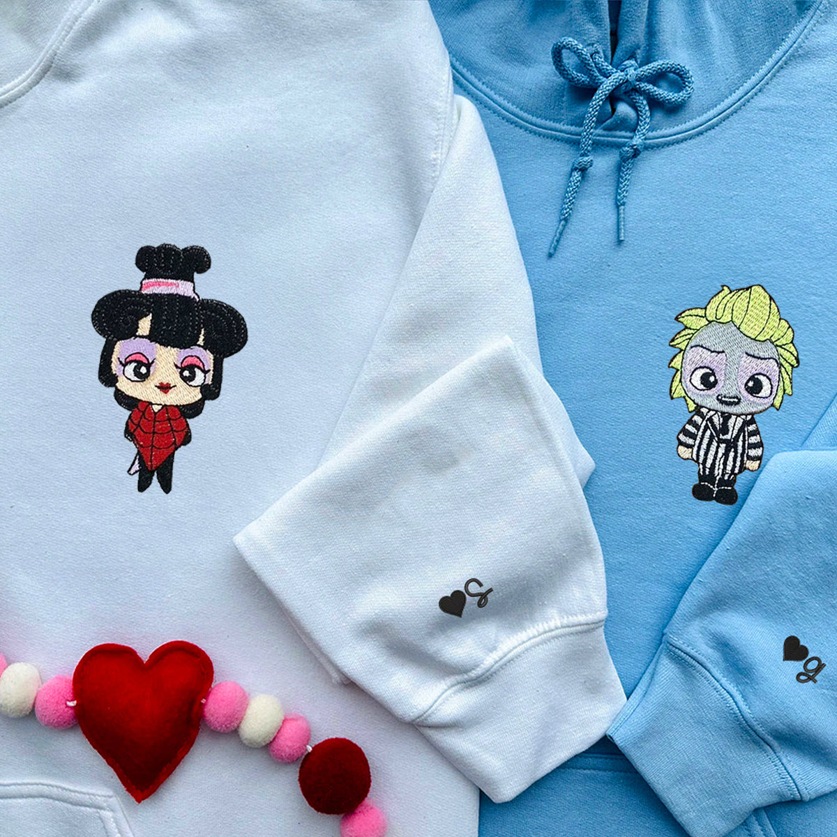 Custom Embroidered Hoodies & Sweatshirts for Couples with Initials, Halloween-Inspired Cute Couple Embroidery