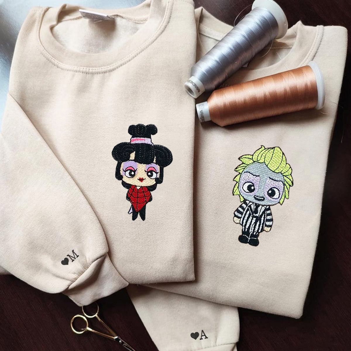 Custom Embroidered Hoodies & Sweatshirts for Couples with Initials, Halloween-Inspired Cute Couple Embroidery