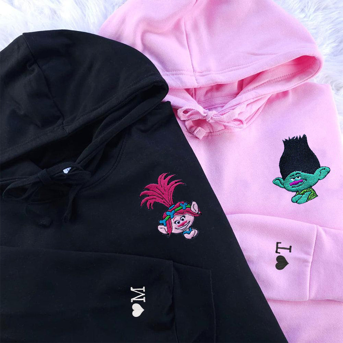 Custom Embroidered Hoodies & Sweatshirts for Couples with Initials, Happy Forest-Inspired Character Pair